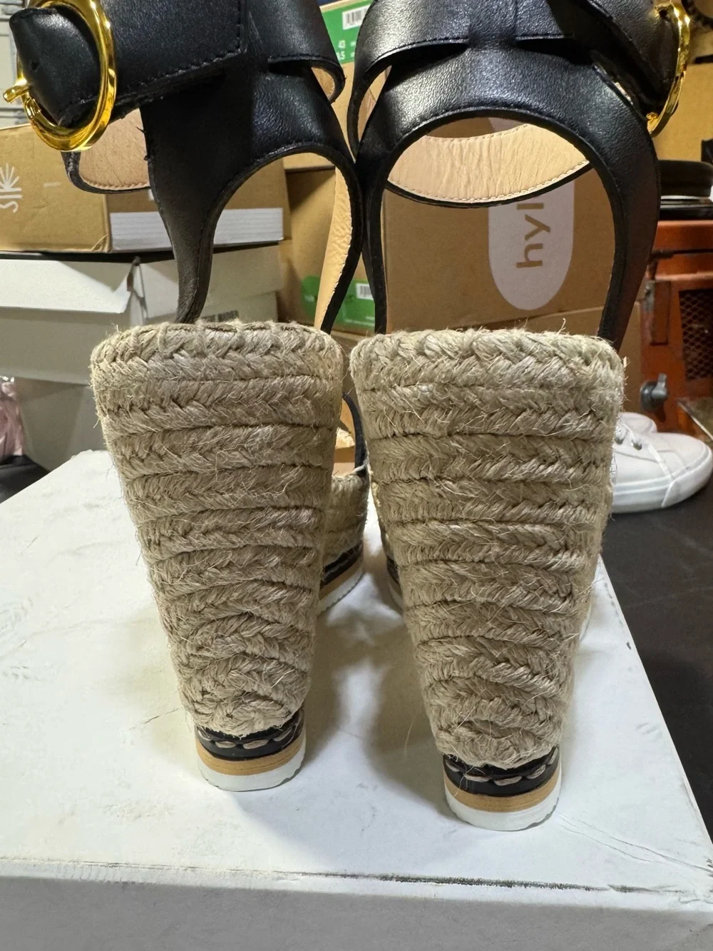Odissi LILY BLACK LEATHER HIGH WEDGE ESPADRILLE Size 6 Black 36IT